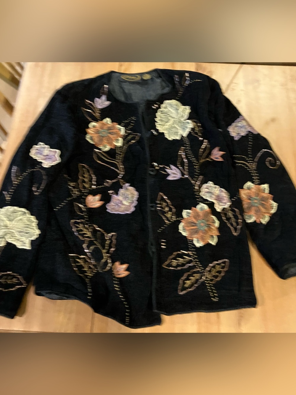 EUC Alex Kim Black Embroidered Flowers Jacket Chenille Size Medium